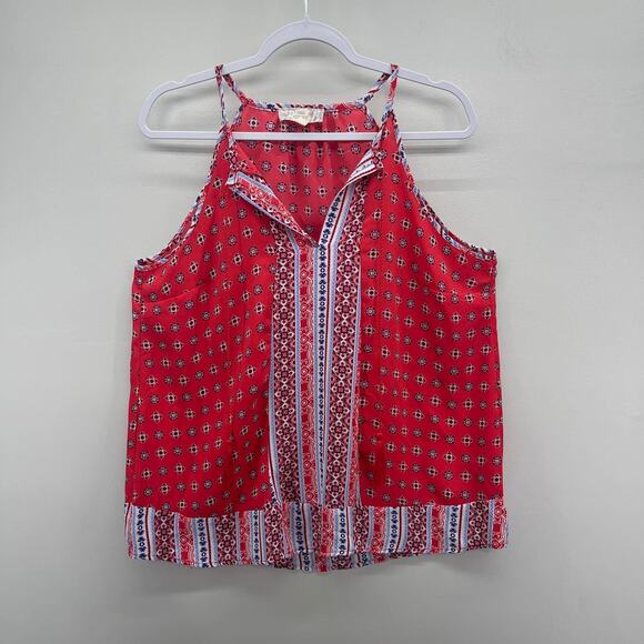 Pink Republic Red Blue Boho Geometric Print Sleeveless‎ Blouse w/Tassles - Picture 1 of 6